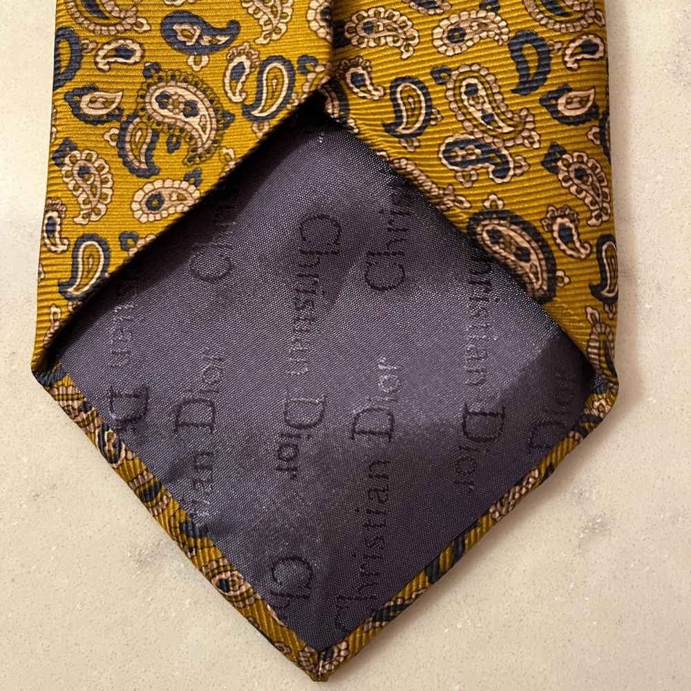 VTG Christian Dior Silk Paisley Tie Mustard Gold Vintage luxury designer - Picture 4 of 8